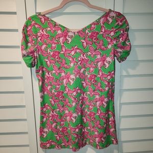 Lilly Pulitzer Leila Top All A Flutter Print Ruched Short Sleeve Size M